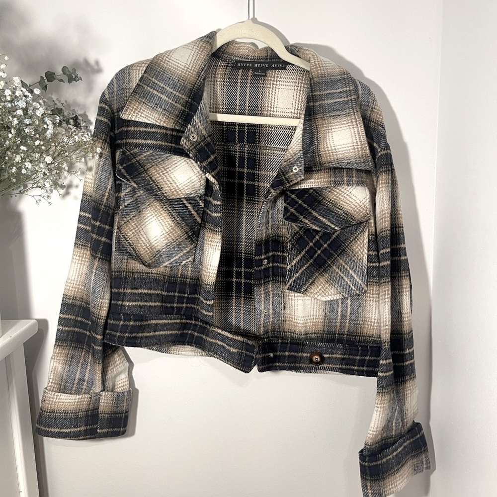 Navy and Tan Flannel Moto Crop Shacket